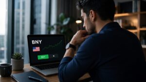 Inversor revisando el ticker BNY antes de comprar acciones estadounidenses.
