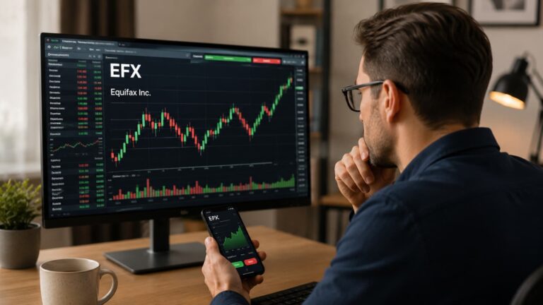 Inversor revisando el ticker EFX antes de comprar acciones de Equifax.