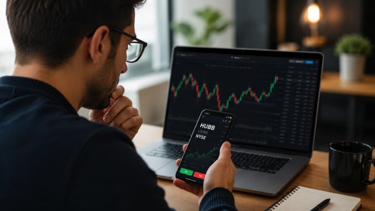 Inversor revisando el ticker HUBB antes de comprar acciones estadounidenses.