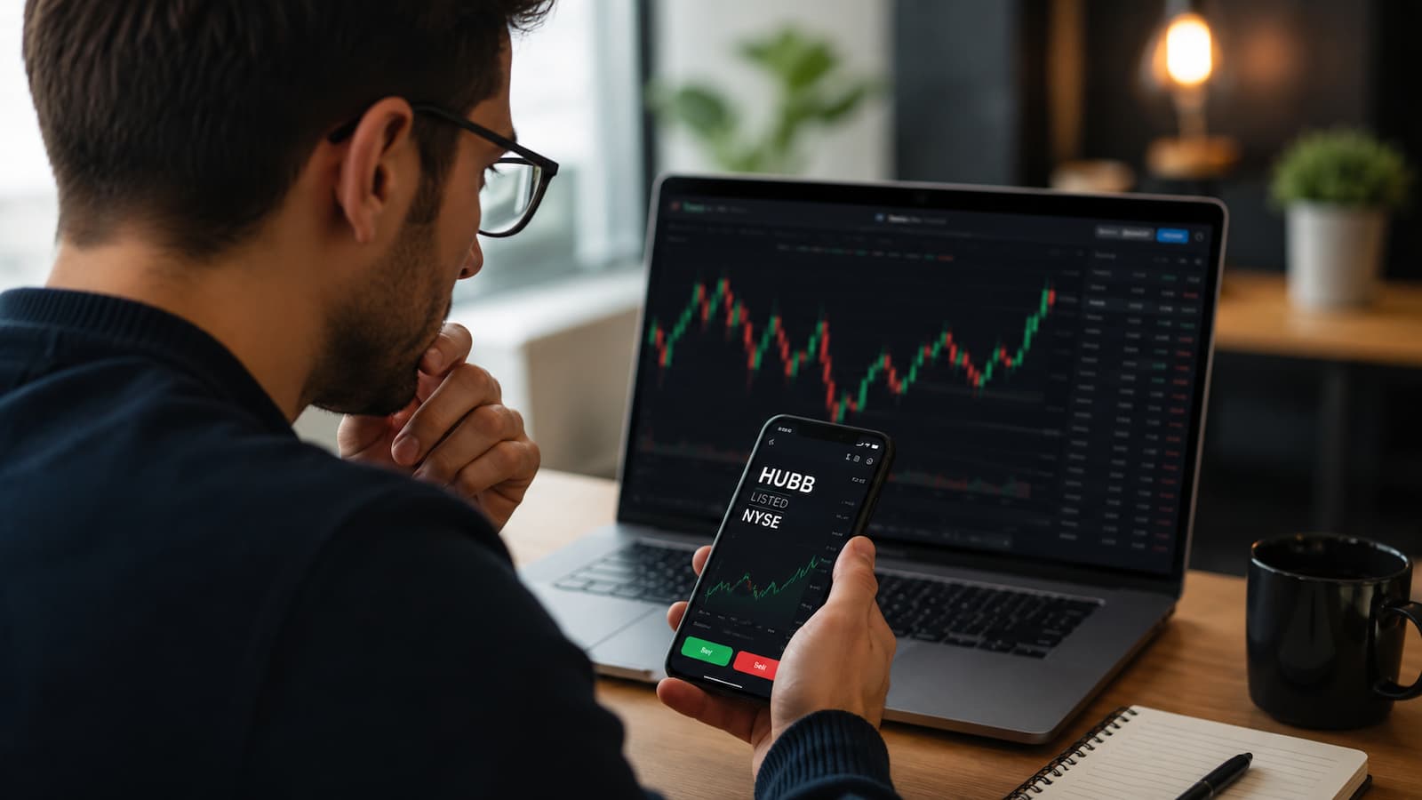 Inversor revisando el ticker HUBB antes de comprar acciones estadounidenses.