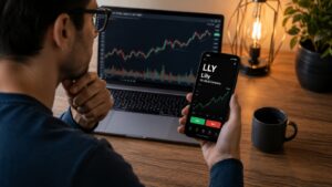 Inversor revisando el ticker LLY antes de comprar acciones de Eli Lilly.