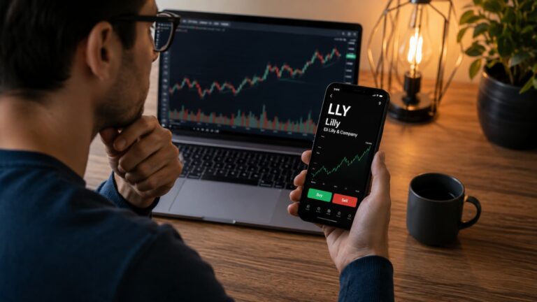 Inversor revisando el ticker LLY antes de comprar acciones de Eli Lilly.