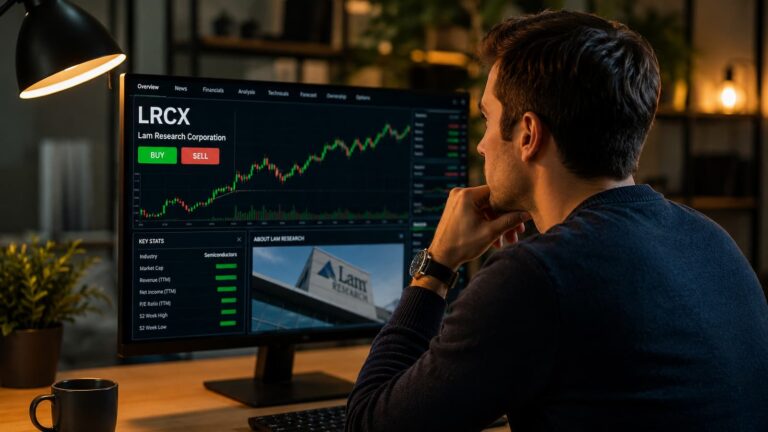 Inversor revisando el ticker LRCX antes de comprar acciones de Lam Research.