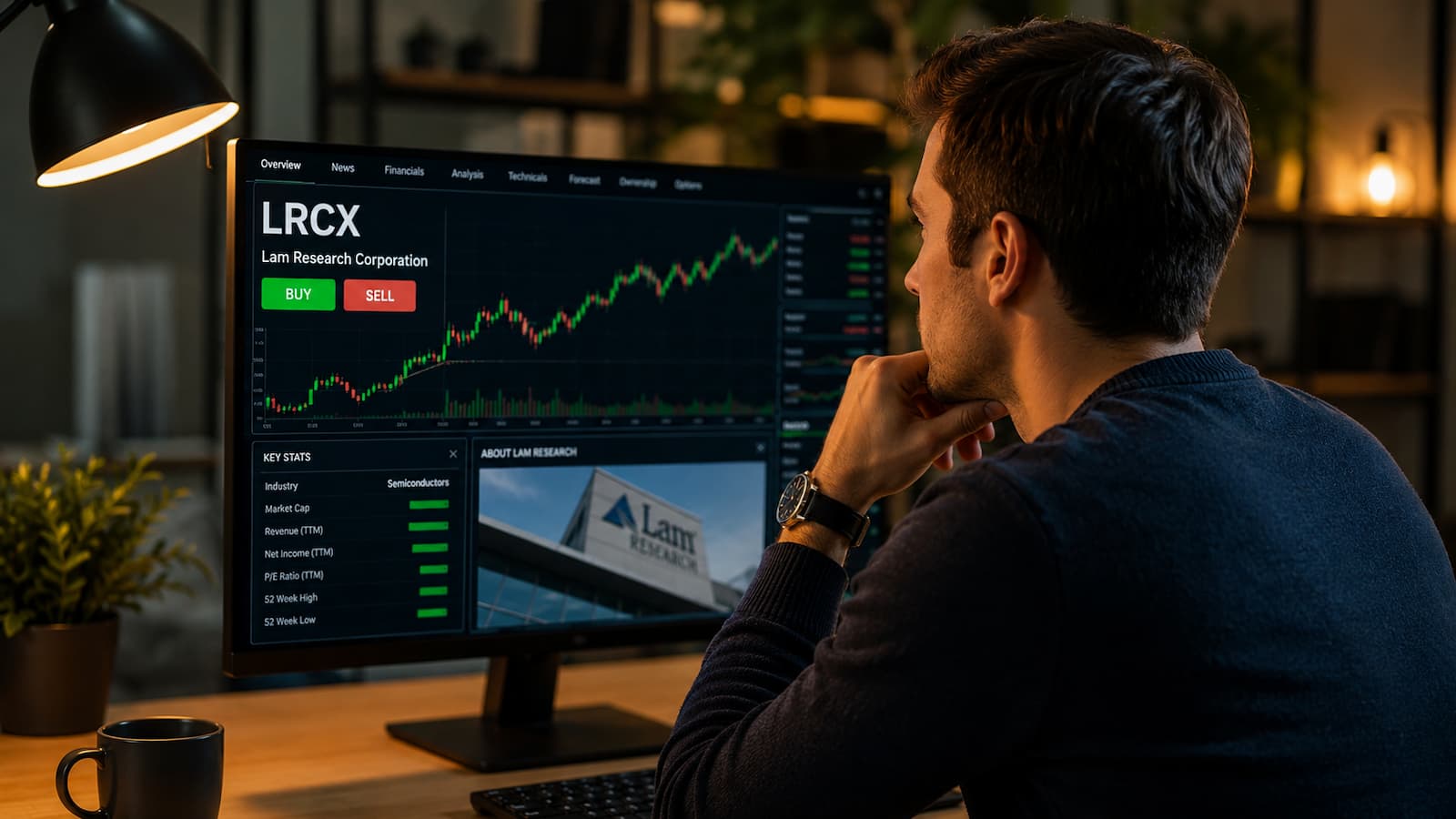 Inversor revisando el ticker LRCX antes de comprar acciones de Lam Research.