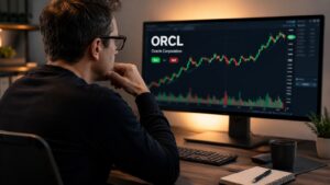 Inversor revisando el ticker ORCL antes de comprar acciones de Oracle.