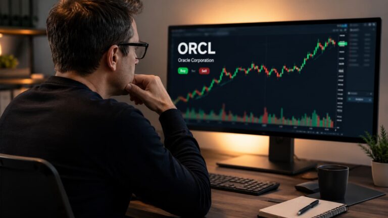 Inversor revisando el ticker ORCL antes de comprar acciones de Oracle.