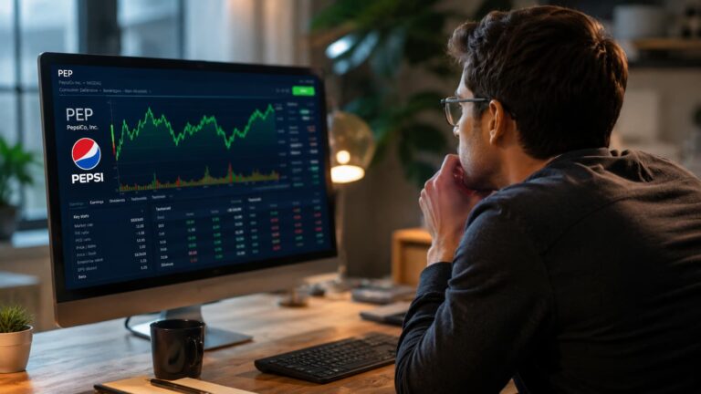 Inversor revisando el ticker PEP antes de comprar acciones de PepsiCo.