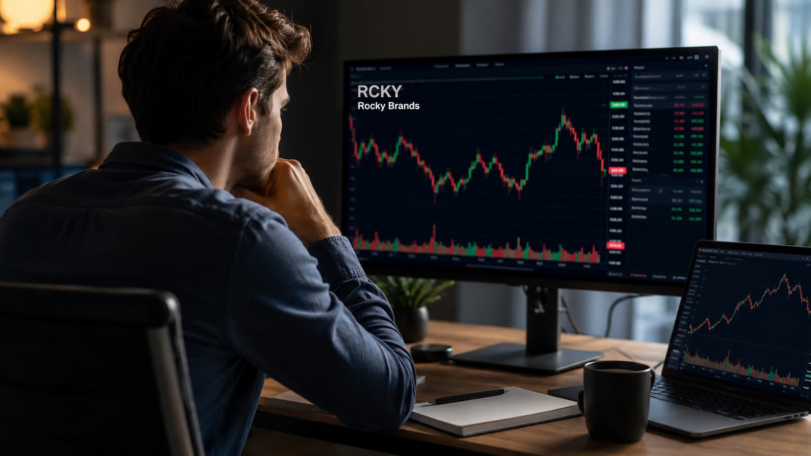 Inversor revisando el ticker RCKY antes de comprar acciones de Rocky Brands.