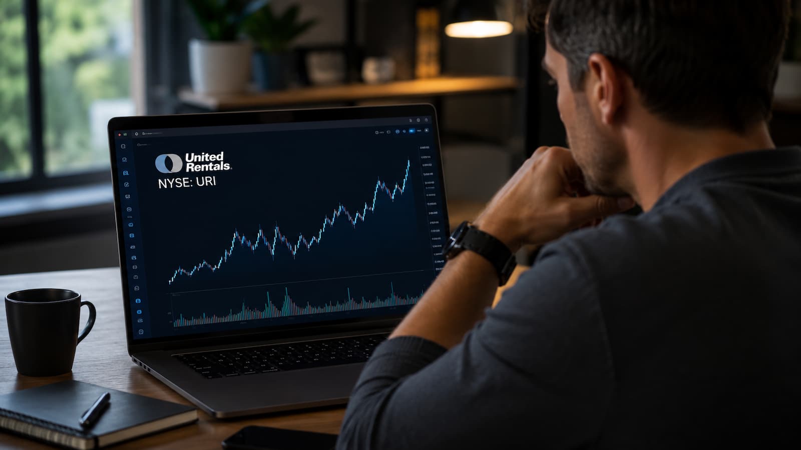 Inversor revisando el ticker URI de United Rentals antes de comprar acciones.