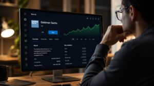 Inversor revisando la acción de Goldman Sachs en una plataforma de inversión.