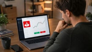 Inversor revisando la compra de acciones de Banco Santander desde una plataforma online.