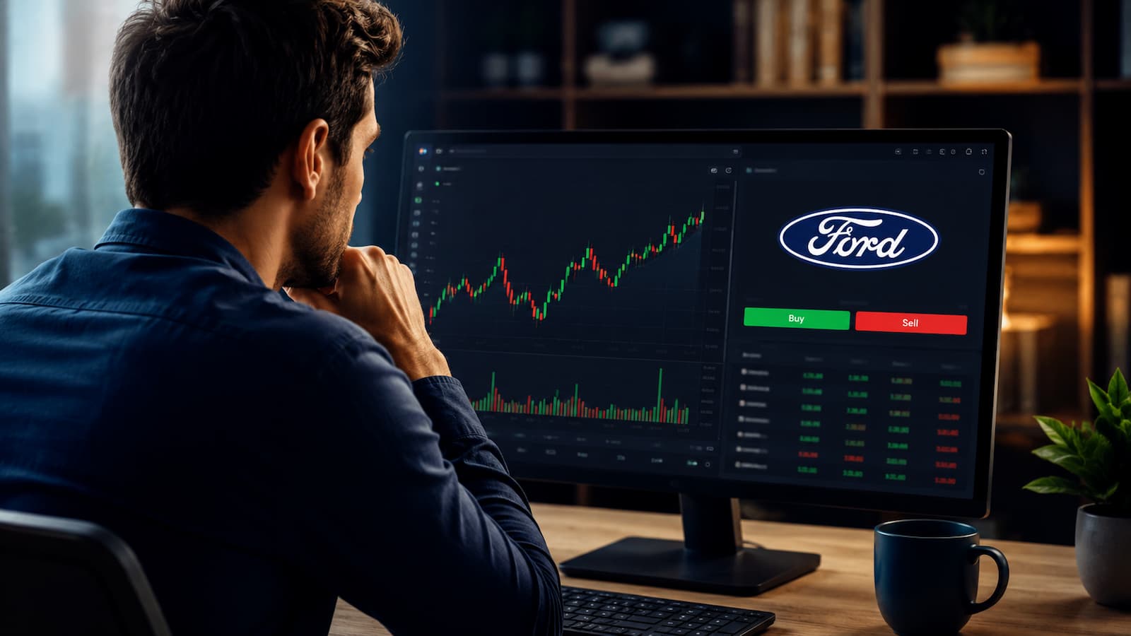 Inversor revisando la compra de acciones de Ford desde una plataforma online.