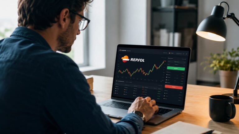 Inversor revisando la compra de acciones de Repsol en una plataforma online