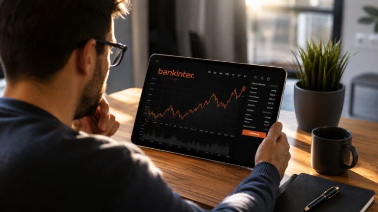 Inversor revisando la cotización de Bankinter antes de comprar acciones.