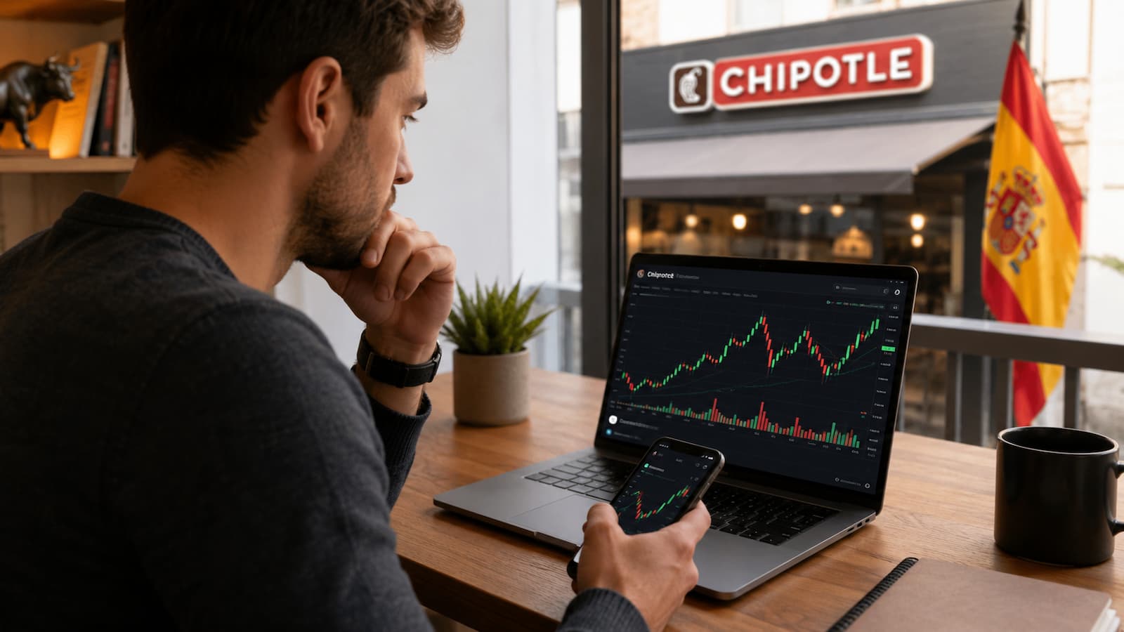 Inversor revisando la cotización de Chipotle antes de comprar acciones desde España.