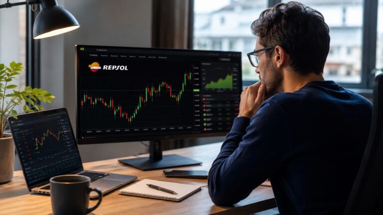 Inversor revisando la cotización de Repsol antes de comprar acciones.
