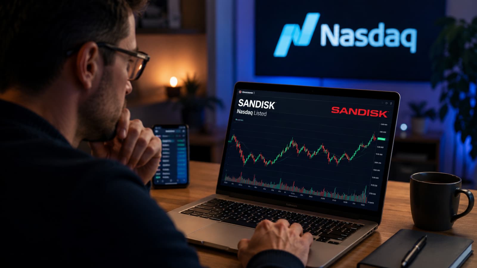 Inversor revisando la cotización de SanDisk antes de comprar acciones en Nasdaq.