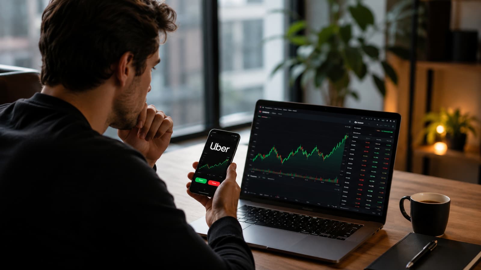 Inversor revisando la cotización de Uber antes de comprar acciones.