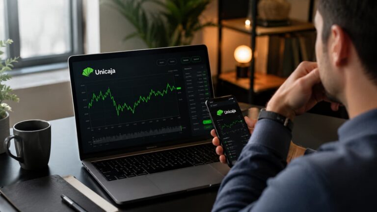 Inversor revisando la cotización de Unicaja antes de comprar acciones.