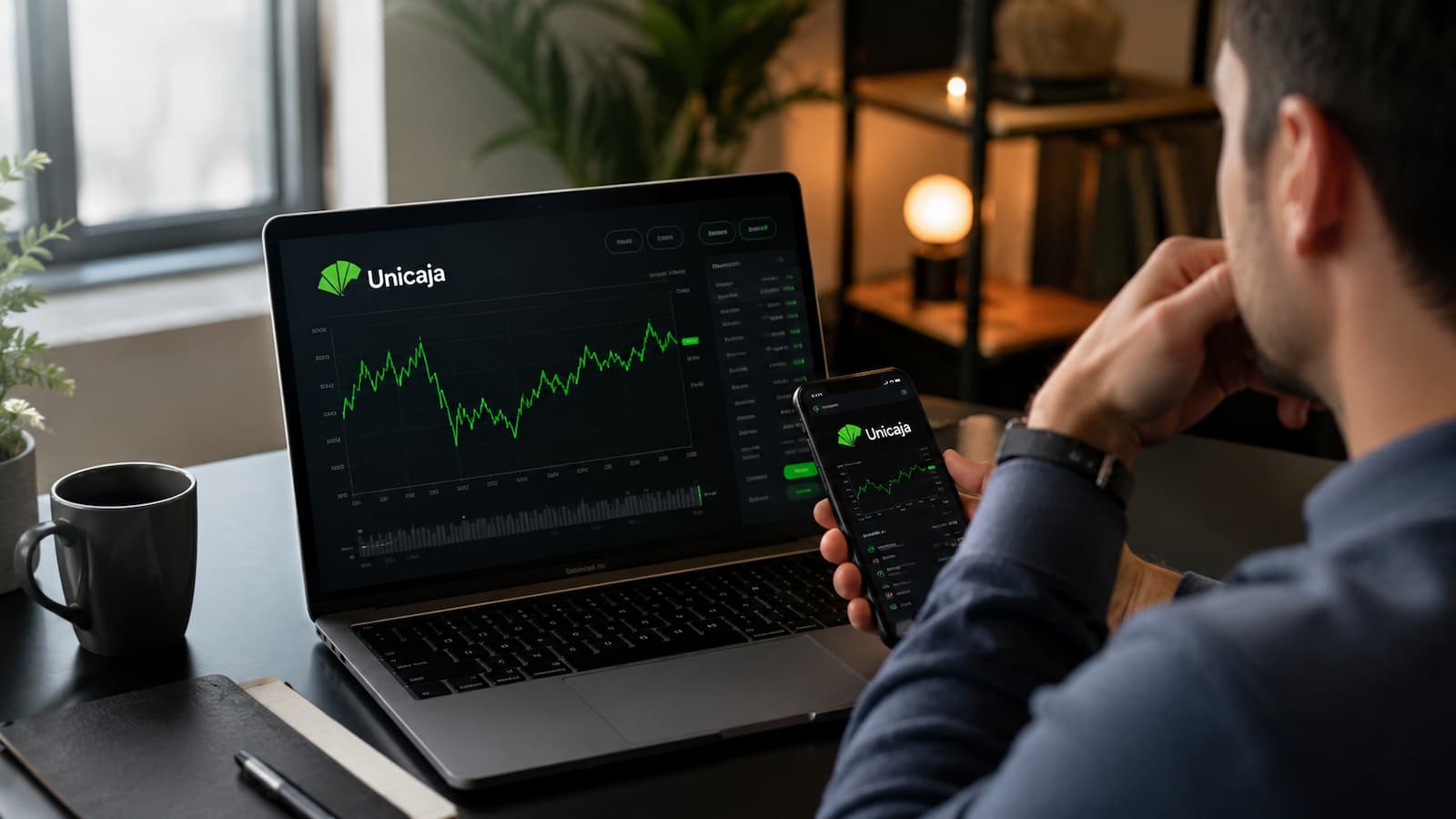 Inversor revisando la cotización de Unicaja antes de comprar acciones.