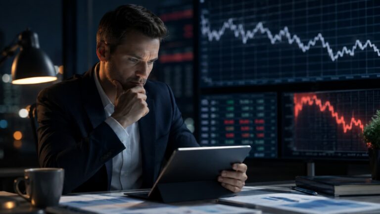 Inversor revisando renta fija monetarios y bonos en un mercado nervioso.