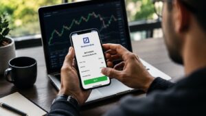 Inversor revisando una orden de compra de acciones de Deutsche Bank.
