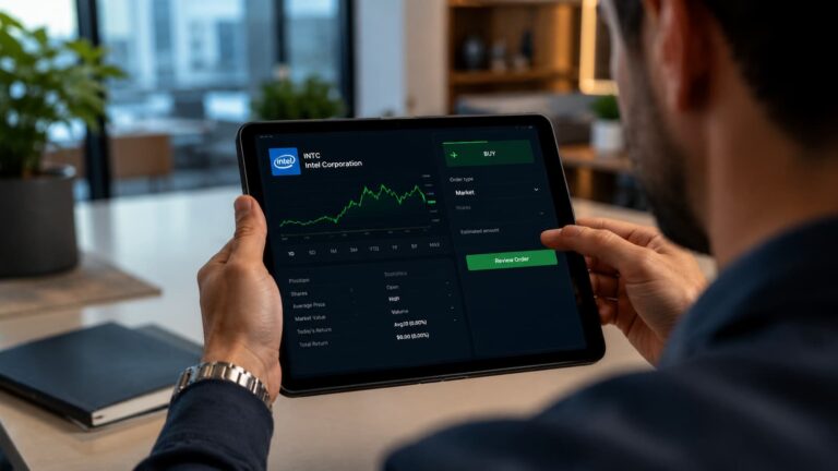 Inversor revisando una orden de compra de acciones de Intel en una plataforma.