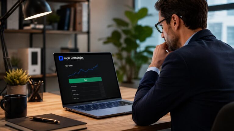 Inversor revisando una orden de compra de acciones de Roper Technologies.