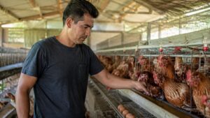 Javier José Vázquez trabaja en su explotación de gallinas ponedoras en Corozal.