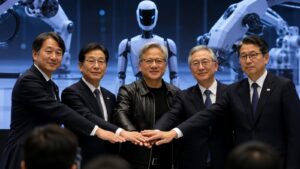 Jensen Huang y directivos japoneses presentan la nueva alianza de IA física.