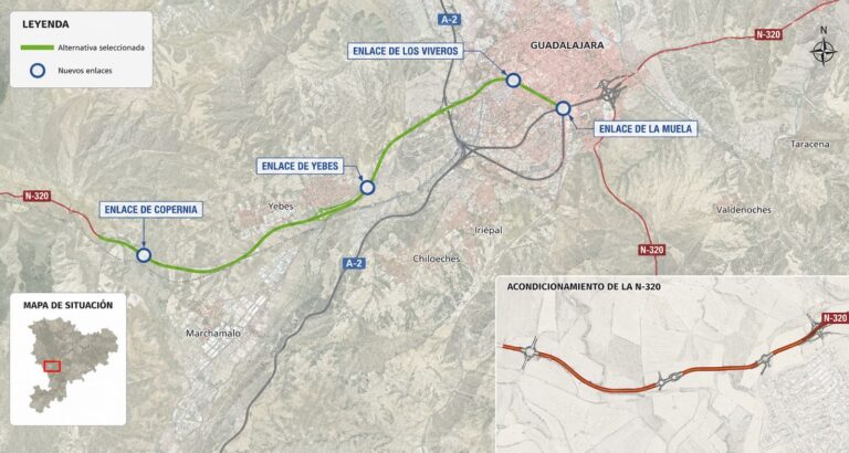 Mapa del estudio informativo de la variante de Guadalajara y el acondicionamiento de la N 320 con la alternativa seleccionada y los nuevos enlaces previstos.