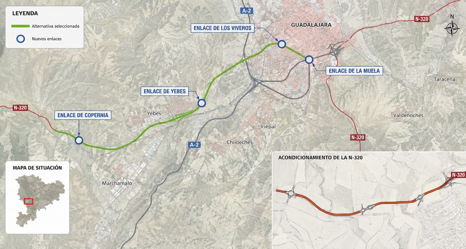 Mapa del estudio informativo de la variante de Guadalajara y el acondicionamiento de la N 320 con la alternativa seleccionada y los nuevos enlaces previstos.