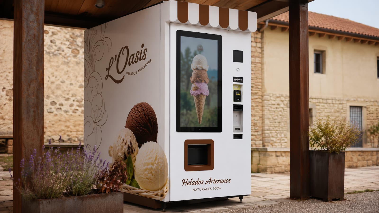 Máquina de vending de helados artesanos de L’Oasis en Sahechores de Rueda