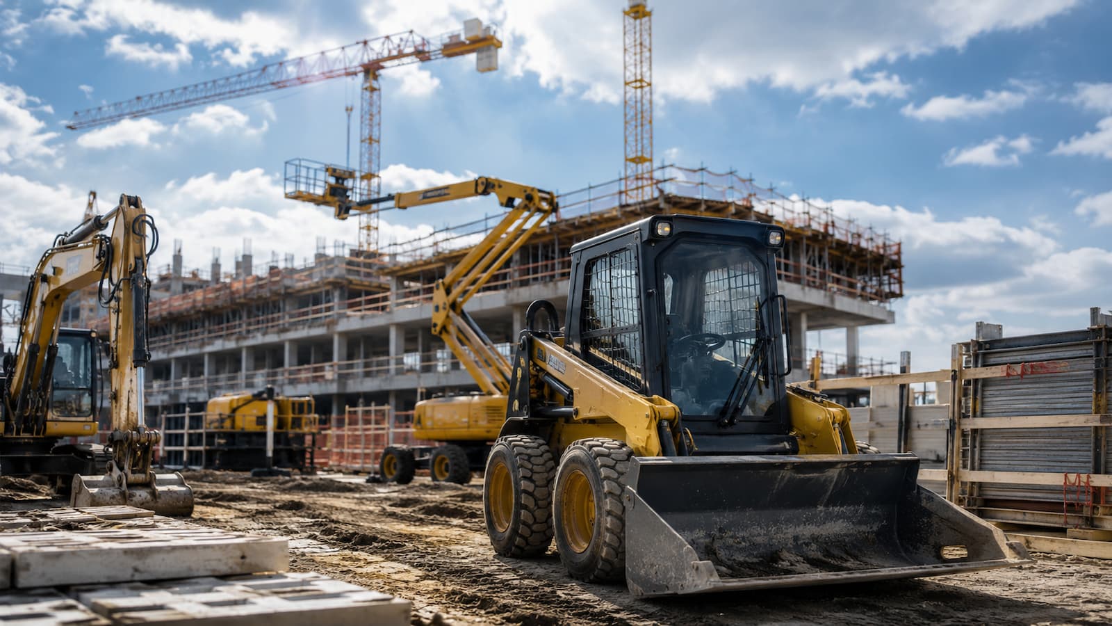 Maquinaria de obra en alquiler durante un proyecto de construcción