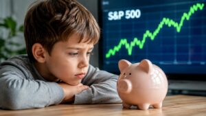 Niño mirando una hucha junto a un gráfico del S&P 500