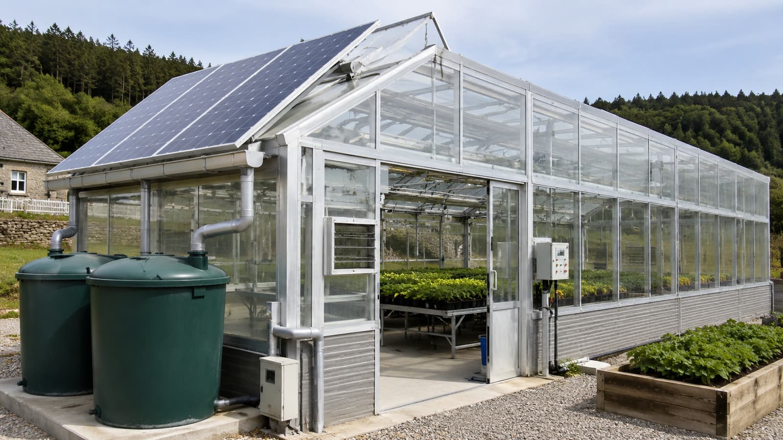 Nuevo invernadero tecnificado del IES San Rosendo de Mondoñedo equipado con automatización fotovoltaica y recogida de agua de lluvia.