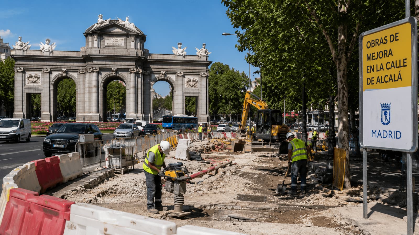 Obras en la calle de Alcalá junto a la Puerta de Alcalá.