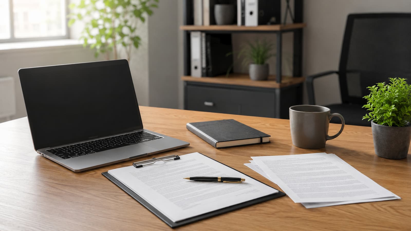 Oficina con portátil y documentos para formalizar el teletrabajo