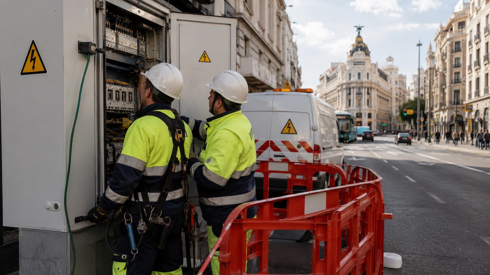 Operarios revisan una instalación eléctrica en una calle de Madrid