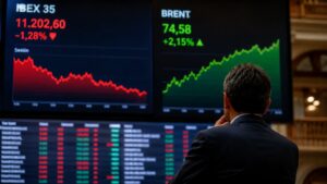 Panel bursátil con caídas en el Ibex 35 y subida del petróleo Brent en una sesión marcada por la tensión geopolítica y el impacto en los inversores catalanes.
