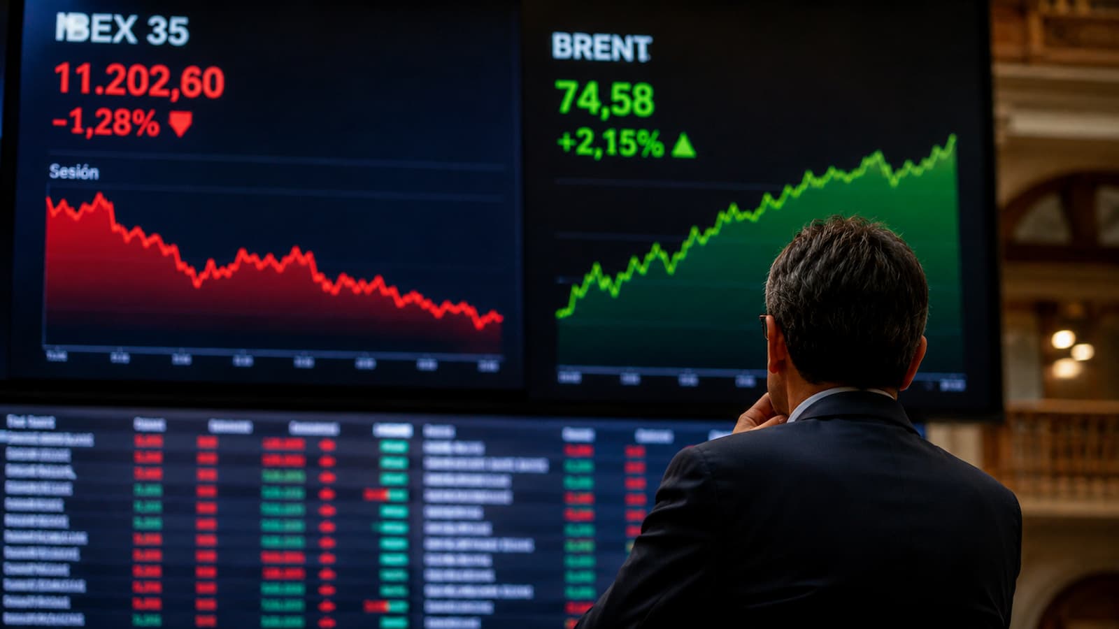 Panel bursátil con caídas en el Ibex 35 y subida del petróleo Brent en una sesión marcada por la tensión geopolítica y el impacto en los inversores catalanes.