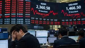 Panel bursátil en Seúl durante una sesión de alta volatilidad