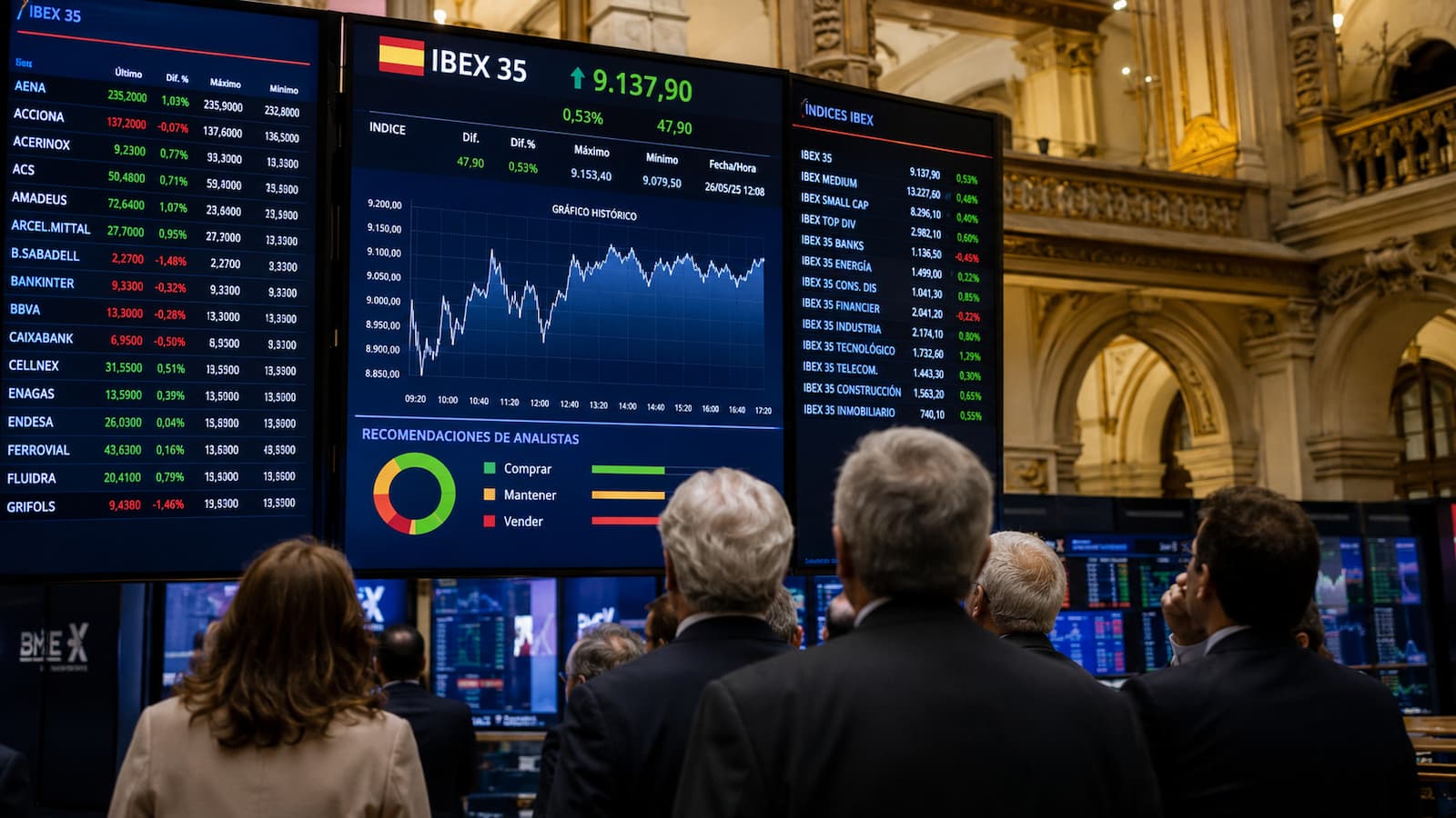 Panel de cotización del Ibex 35 en la Bolsa de Madrid con inversores siguiendo la evolución de las recomendaciones de los analistas.