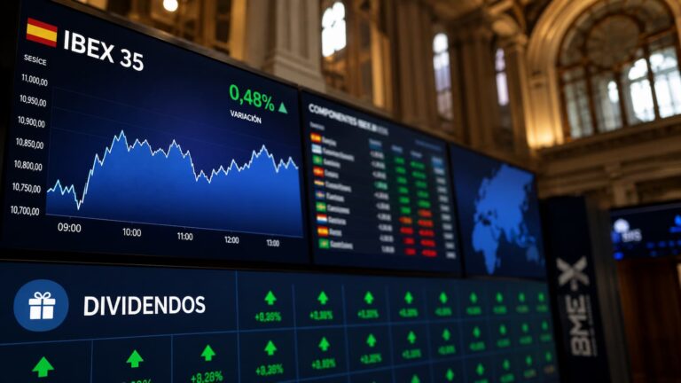 Panel del Ibex 35 en una jornada marcada por pagos de dividendos.