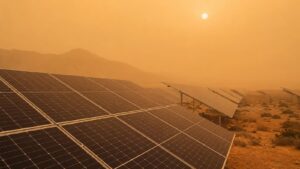 Paneles solares bajo calima por polvo sahariano.