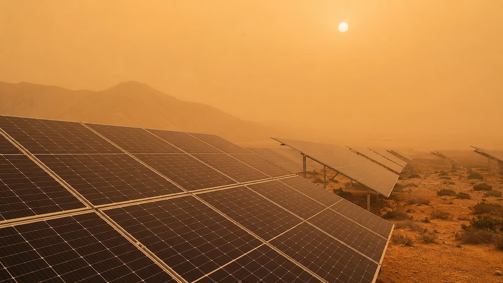 Paneles solares bajo calima por polvo sahariano.