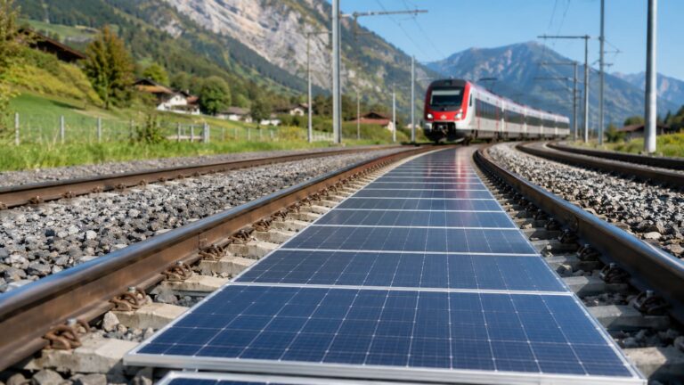 Paneles solares entre vías de tren en el proyecto piloto suizo