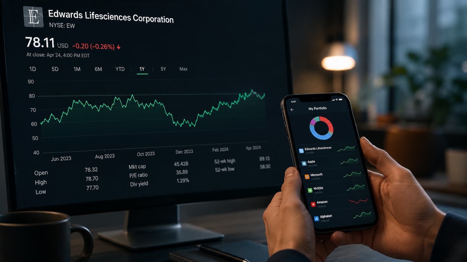 Pantalla con la cotización de Edwards Lifesciences y una cartera de inversión