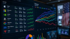 Pantalla con resultados trimestrales y evolución de grandes acciones estadounidenses.