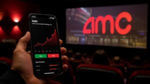 Pantalla de cine y gráfico bursátil de AMC Entertainment en un móvil.